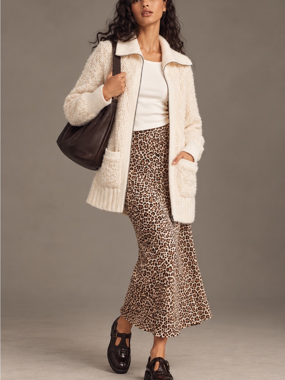 Anthropologie Bethenny Textured Knit Full Zip Cardigan Sweater Ivory XS